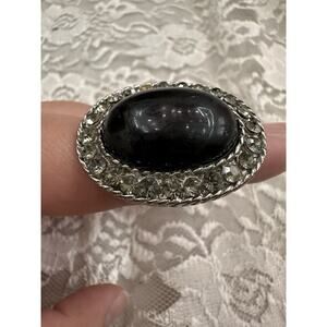 Vintage Faux Onyx Costume Silver Tone Oval Ring Ornate 5.5"